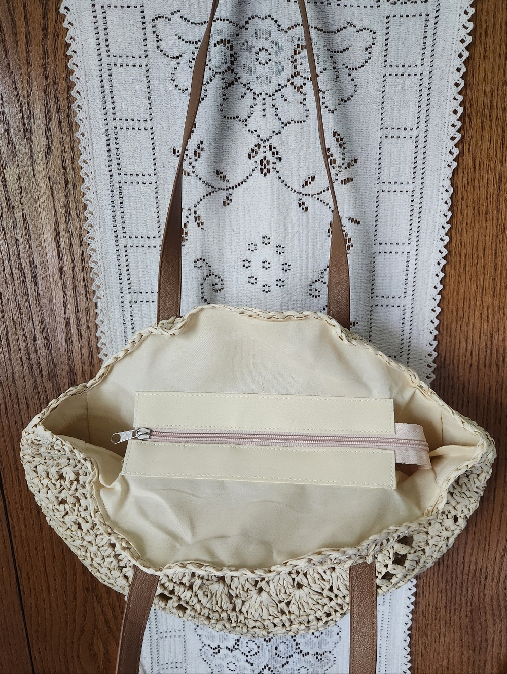 Woven Rattan Round Straw Tote Bag with Brown Handles - Picture 5 of 8